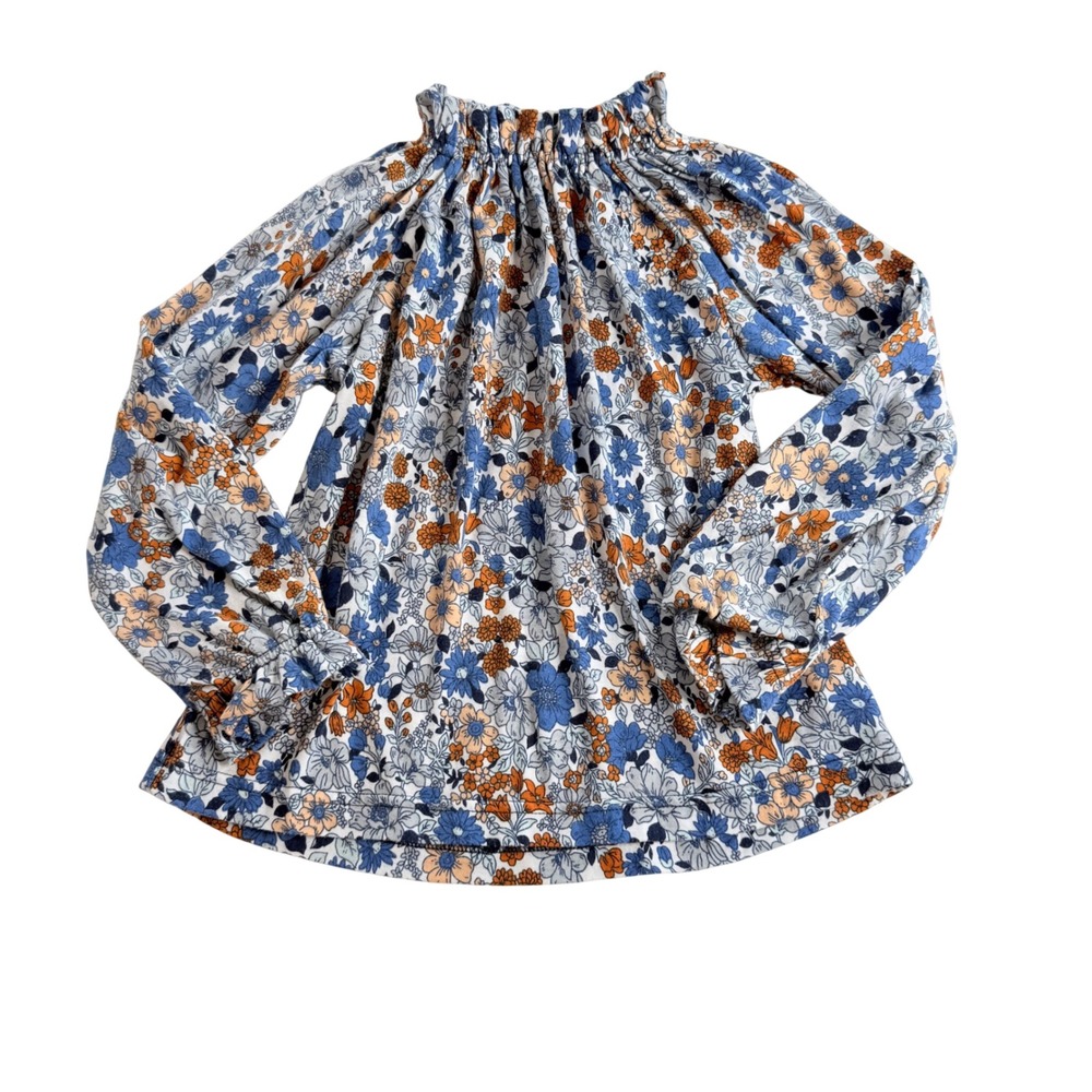 Bisby Floral Blouse Kids Size 5 Blue Orange Ruffle High Neck Balloon Sleeve